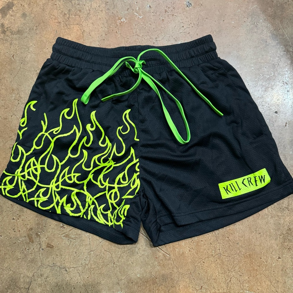 KILL CREW NWOT Muay Thai Flame Shorts (mid-thigh cut) - Black/Neon Green M 30/32